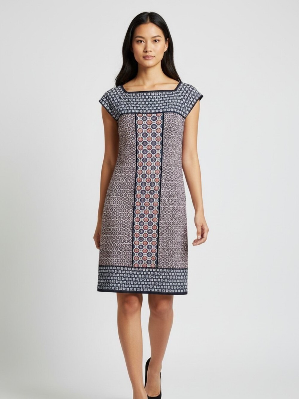 Max Studio Women’s Small Shift Dress Geometric Floral Print Square Neck Stretch
